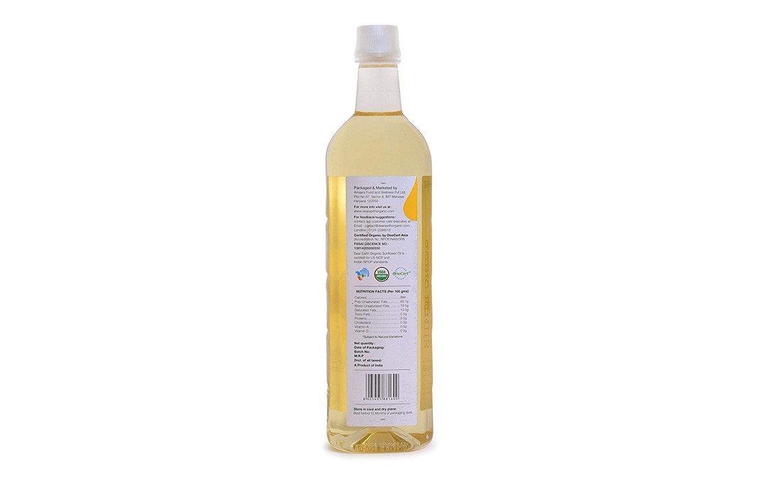 Dear Earth Sunflower Pure Organic Cold Pressed oil   Bottle  1 litre